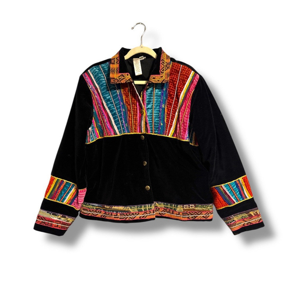 Coldwater Creek Art to Wear Black Velveteen Boho Fabric Trim Jacket Vintage 1X - Picture 1 of 7
